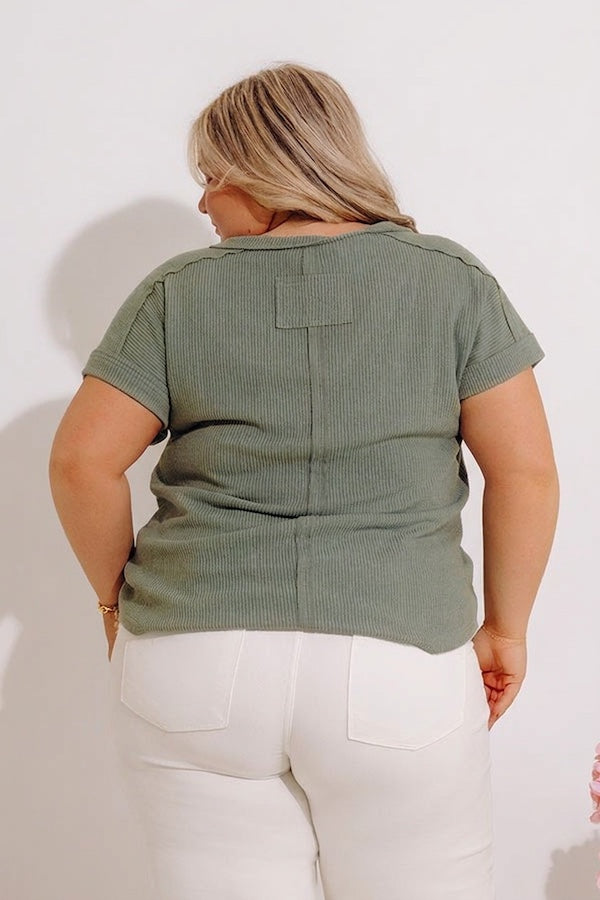 Casual Brunch Ribbed Top in Sage Curves Image - 4