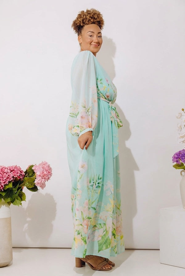 Secret Garden Floral Maxi Dress in Aqua Curves 1XL / Aqua Secret Garden Floral Maxi Dress in Aqua Curves 1XL / Aqua