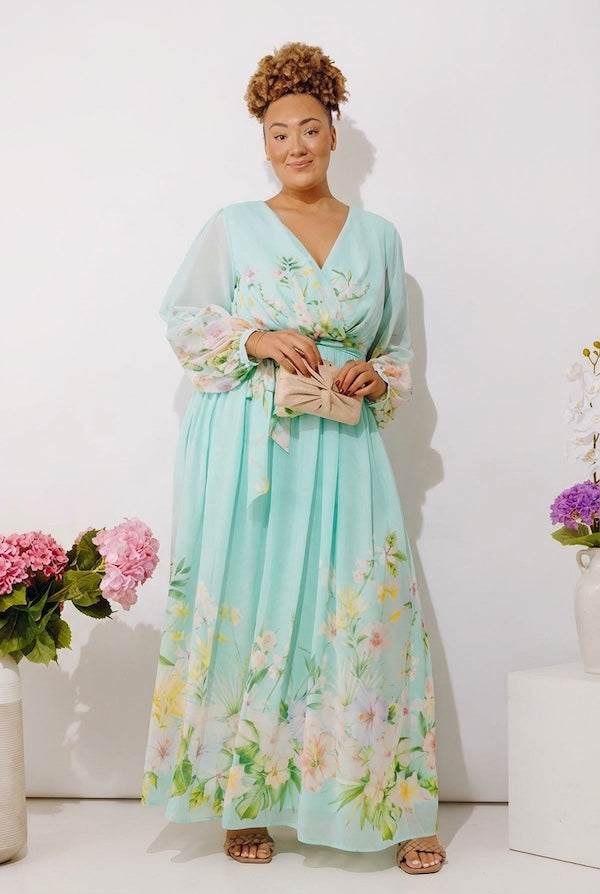 aqua long dress Secret Garden Floral Maxi in Curves 1XL / Aqua Size:3XL/46 Marcella Women's Park Mock this meticulously crafted dress runway inspired dress
