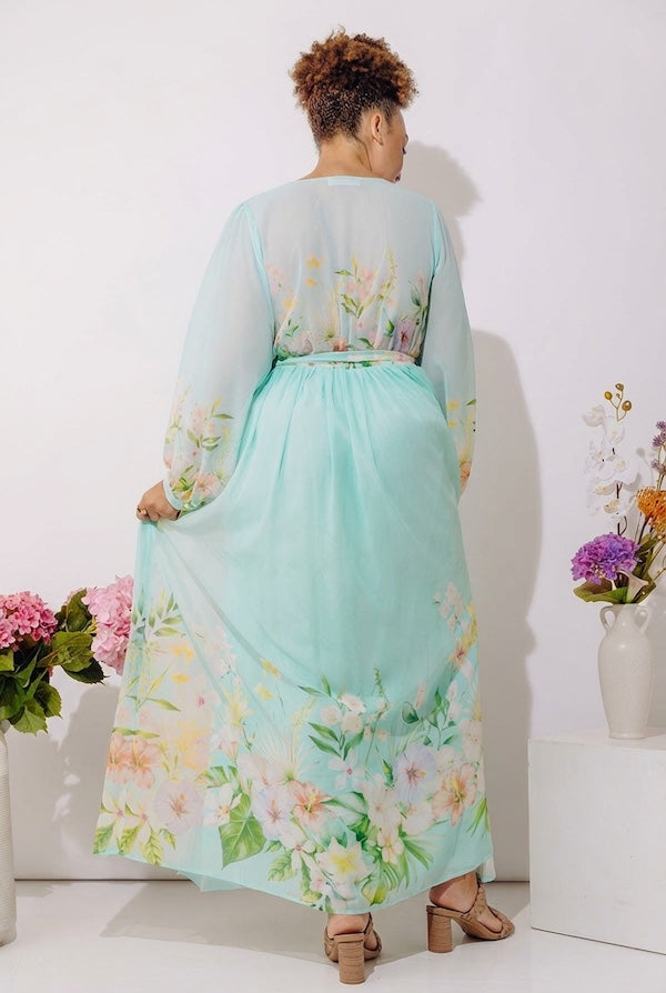 Secret Garden Floral Maxi Dress in Aqua Curves Image - 3