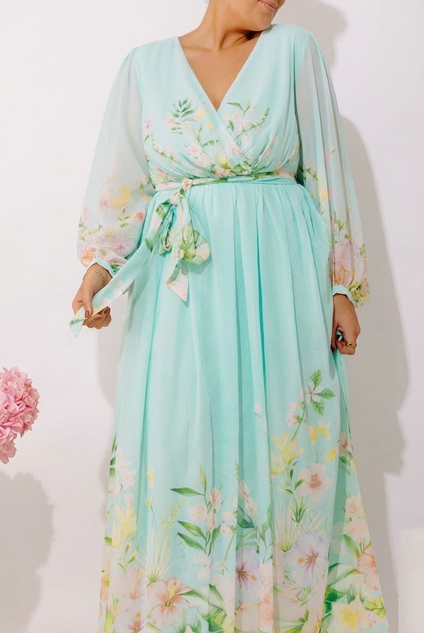 Secret Garden Floral Maxi Dress in Aqua Curves Image - 2