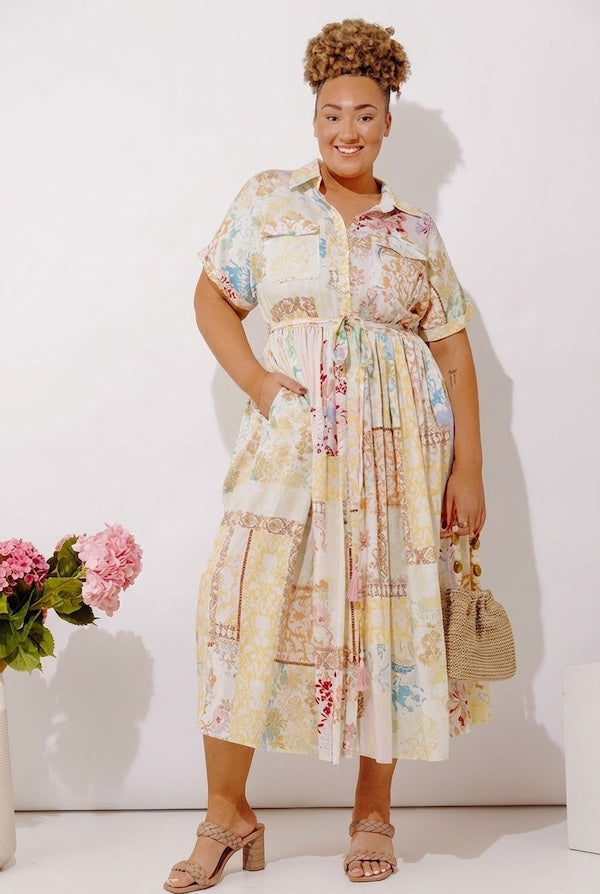 Gentle Heart Floral Color Block Midi Dress Curves Image - 1