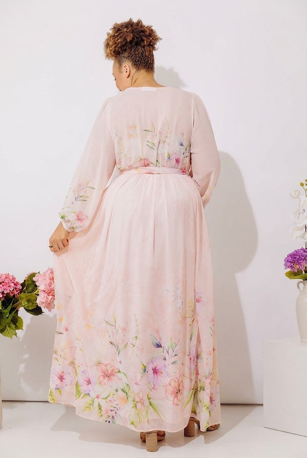 peach long sleeve maxi dress Veda Long Sleeve Floral Tiered Ruffle Maxi Dress Peach