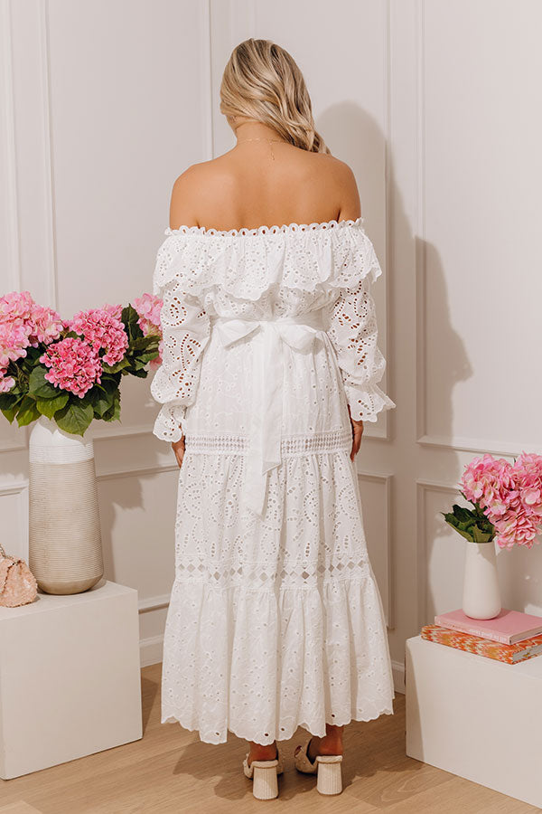 off the shoulder white eyelet dress Romantic White Off-Shoulder Ruffled Maxi Dress | Summer Beach Boho Eyelet Dress