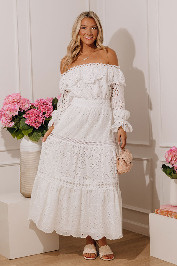 Graceful Intent Off Shoulder Eyelet Midi Dress S / White