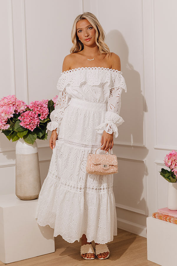 eyelet off the shoulder midi dress White Off-the-shoulder Eyelet Midi Dress