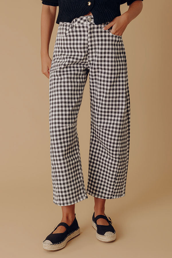 JUST USA Mae Midrise Barrel Leg Gingham Jean Image - 2