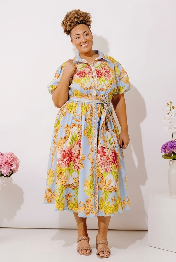 Garden Party Ready Floral Button Down Midi Dress Curves 3XL / sky blue Garden Party Ready Floral Button Down Midi Dress Curves 3XL / sky blue