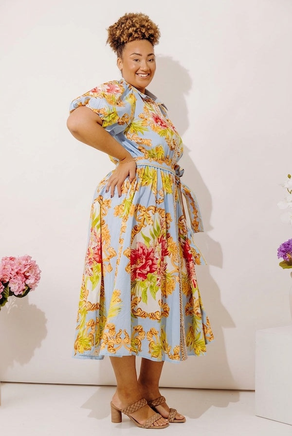 Garden Party Ready Floral Button Down Midi Dress Curves 3XL / sky blue Garden Party Ready Floral Button Down Midi Dress Curves 3XL / sky blue
