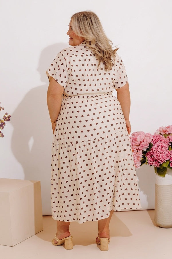 beige and white polka dot dress Vivian Polka Dot Maxi Dress