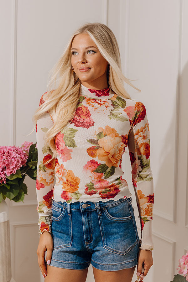 Champagne And Petals Floral Mesh Top Image - 1