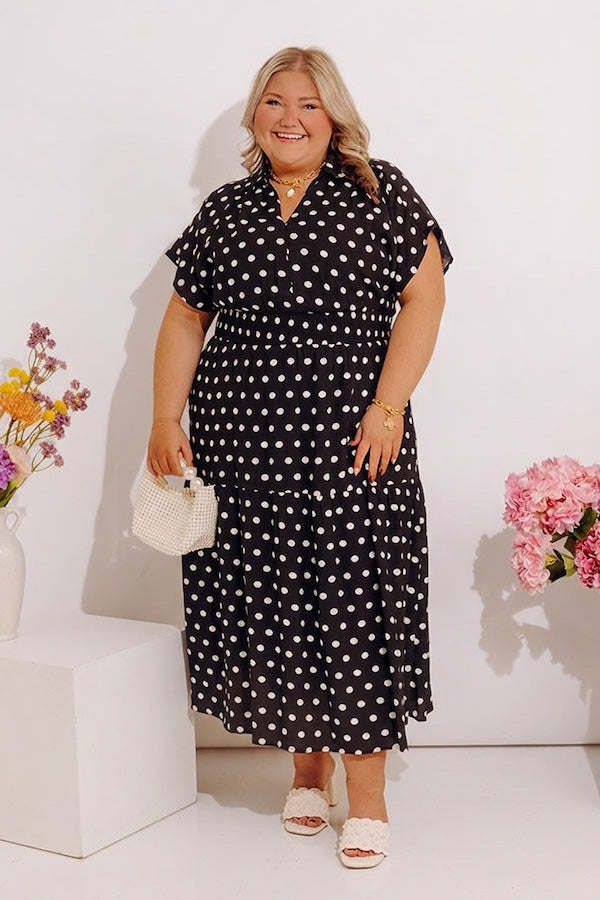 Sweet Spotlight Polka Dot Midi Dress in Black Curves Image - 1