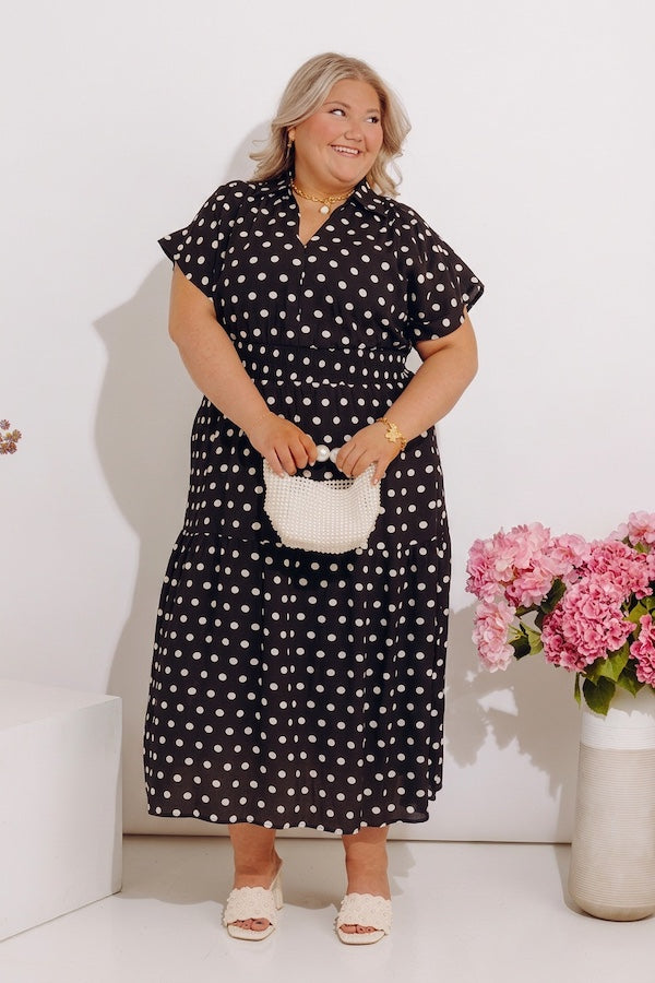 Sweet Spotlight Polka Dot Midi Dress in Black Curves Image - 2