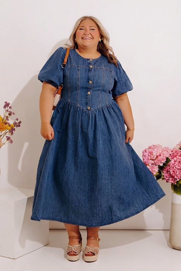 Fifth Avenue Chic Denim Midi Dress Curves 1XL / Denim medium wash