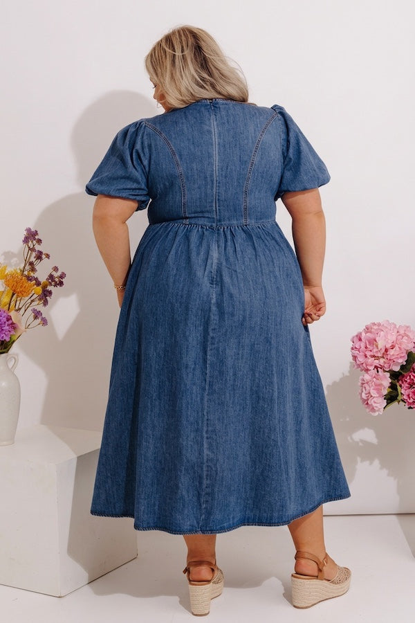 Fifth Avenue Chic Denim Midi Dress Curves 3XL / Denim medium wash Fifth Avenue Chic Denim Midi Dress Curves 3XL / Denim medium wash