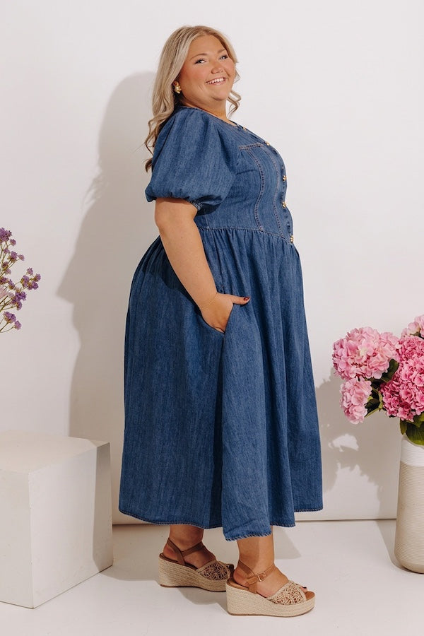 Fifth Avenue Chic Denim Midi Dress Curves 3XL / Denim medium wash Fifth Avenue Chic Denim Midi Dress Curves 3XL / Denim medium wash