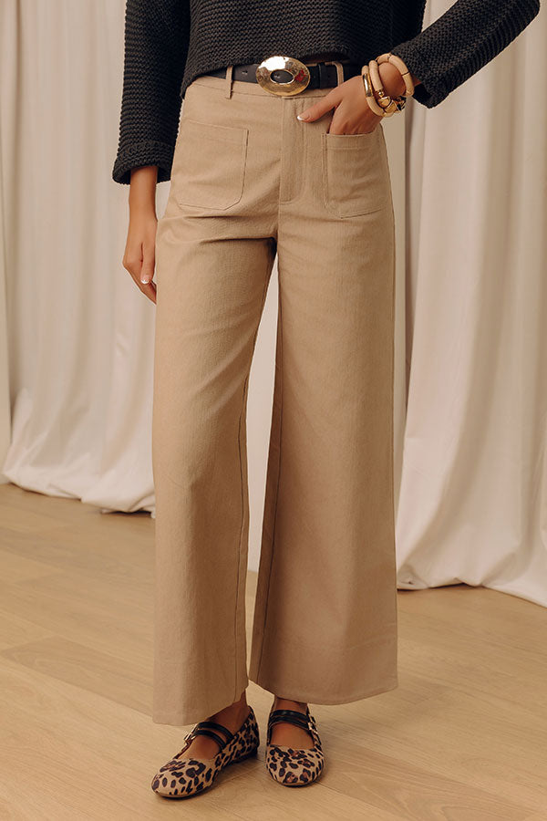 The Elena High Waist Twill Wide Leg Pants in Iced Latte Image - 1