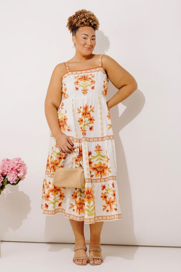 Acapulco Sunshine Floral Midi Dress in Cream Curves Image - 4