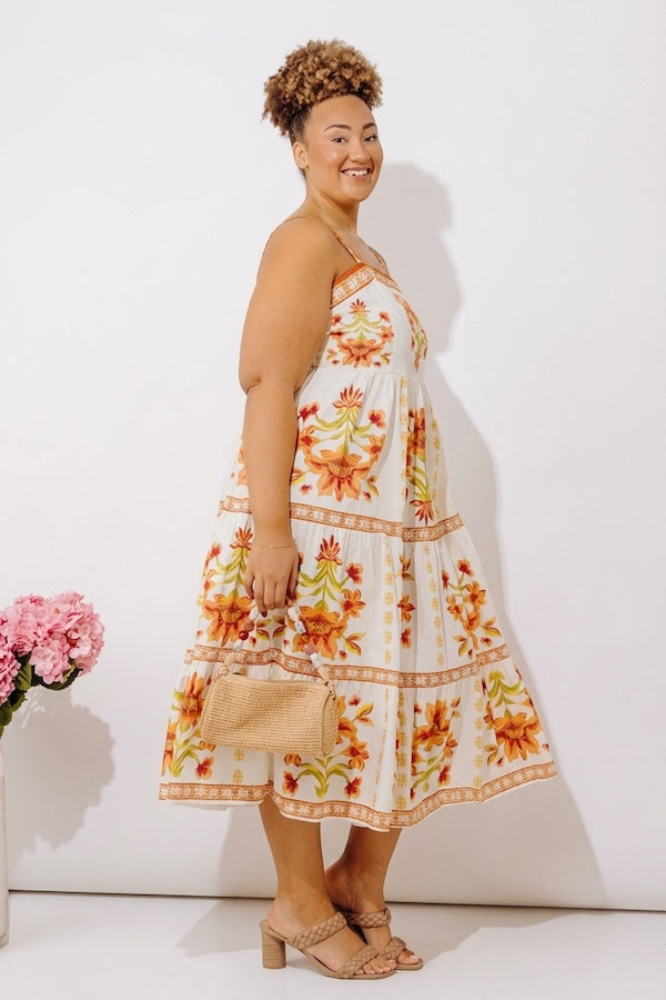 Acapulco Sunshine Floral Midi Dress in Cream Curves Image - 2