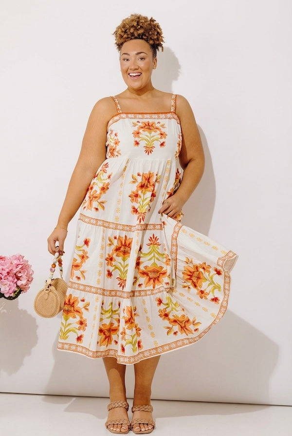 Acapulco Sunshine Floral Midi Dress in Cream Curves Image - 1