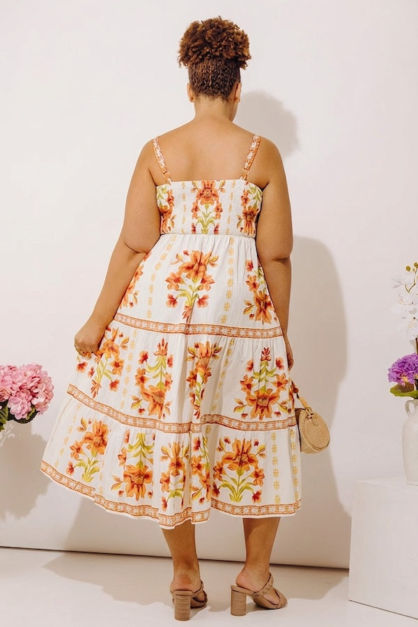 Acapulco Sunshine Floral Midi Dress in Cream Curves Image - 3