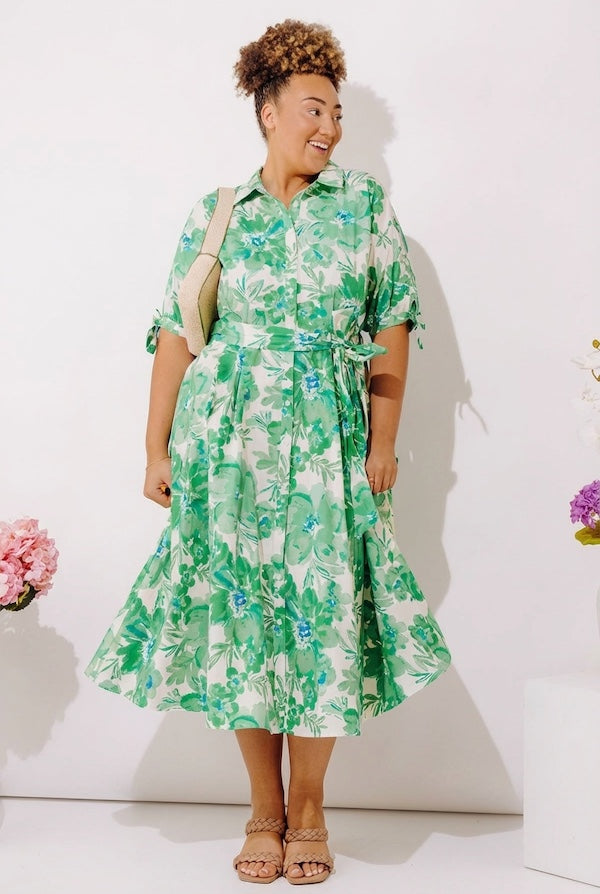 button front midi dress Garden Charm Floral Button Down Midi Dress Curves 1XL / green