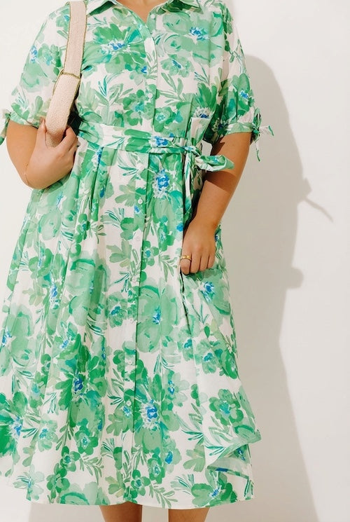 Garden Charm Floral Button Down Midi Dress Curves 1XL / green Garden Charm Floral Button Down Midi Dress Curves 1XL / green