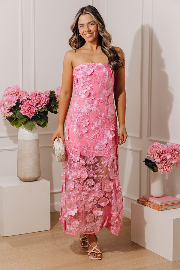 pink dress with embroidered flowers Pink Floral Embroidered Tulle Prom Dress with Corset Back
