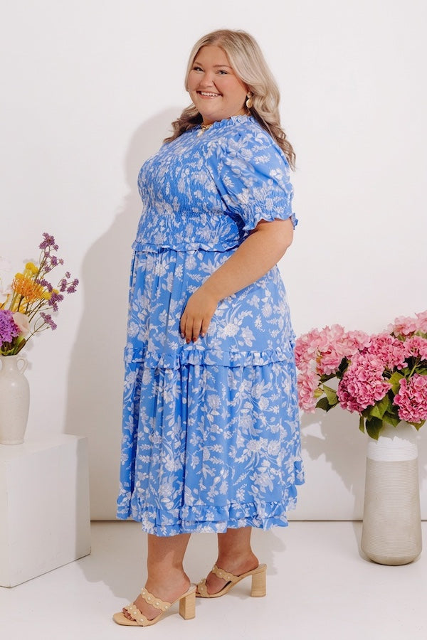 Casual Garden Smocked Floral Midi Dress Curves Image - 3