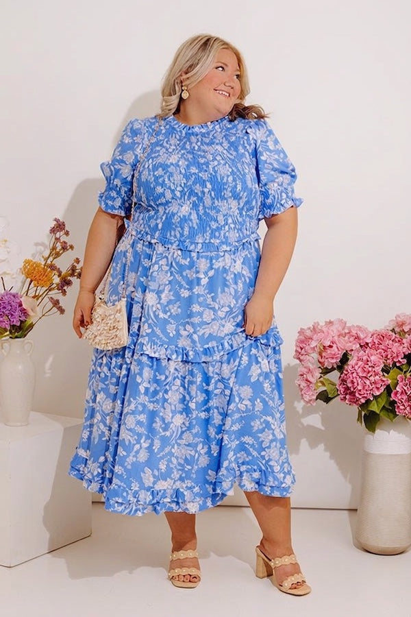 Casual Garden Smocked Floral Midi Dress Curves Image - 2