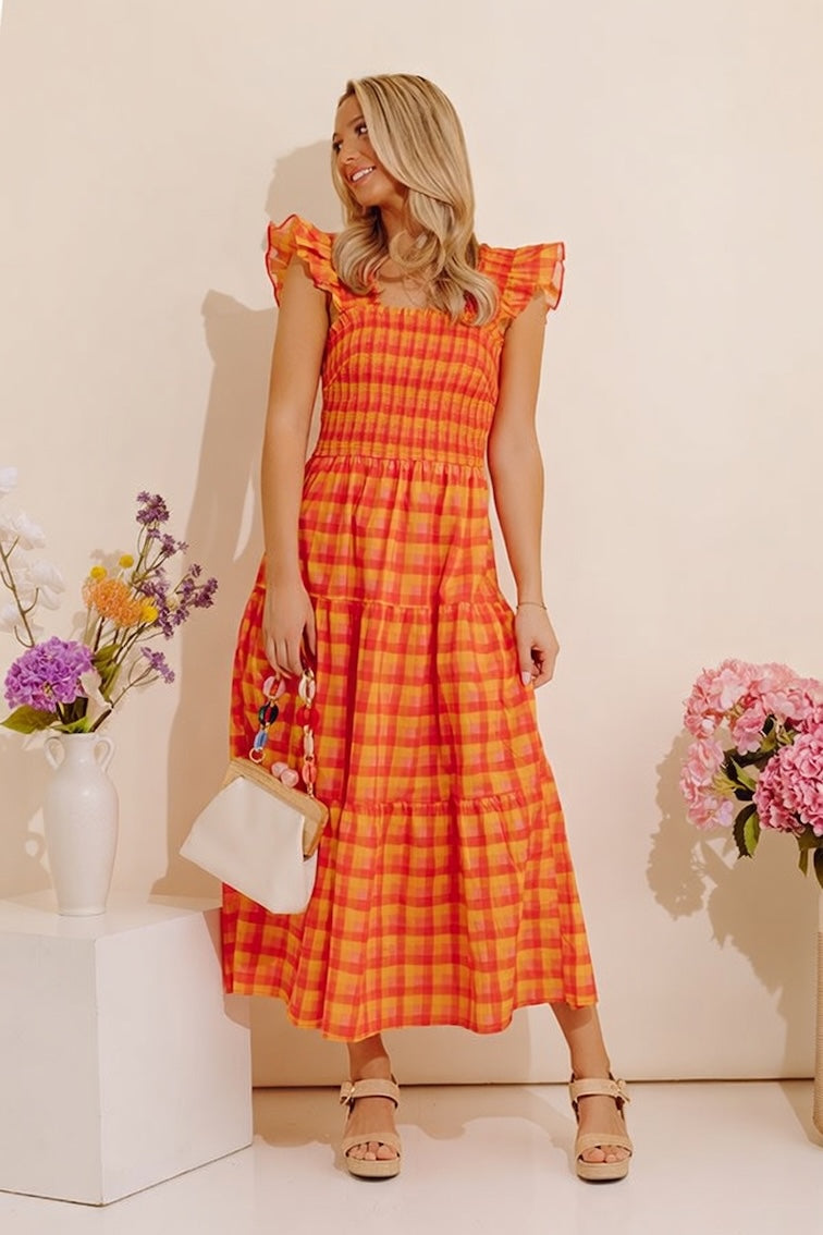 Sunburst Chic Gingham Midi Dress Image - 2