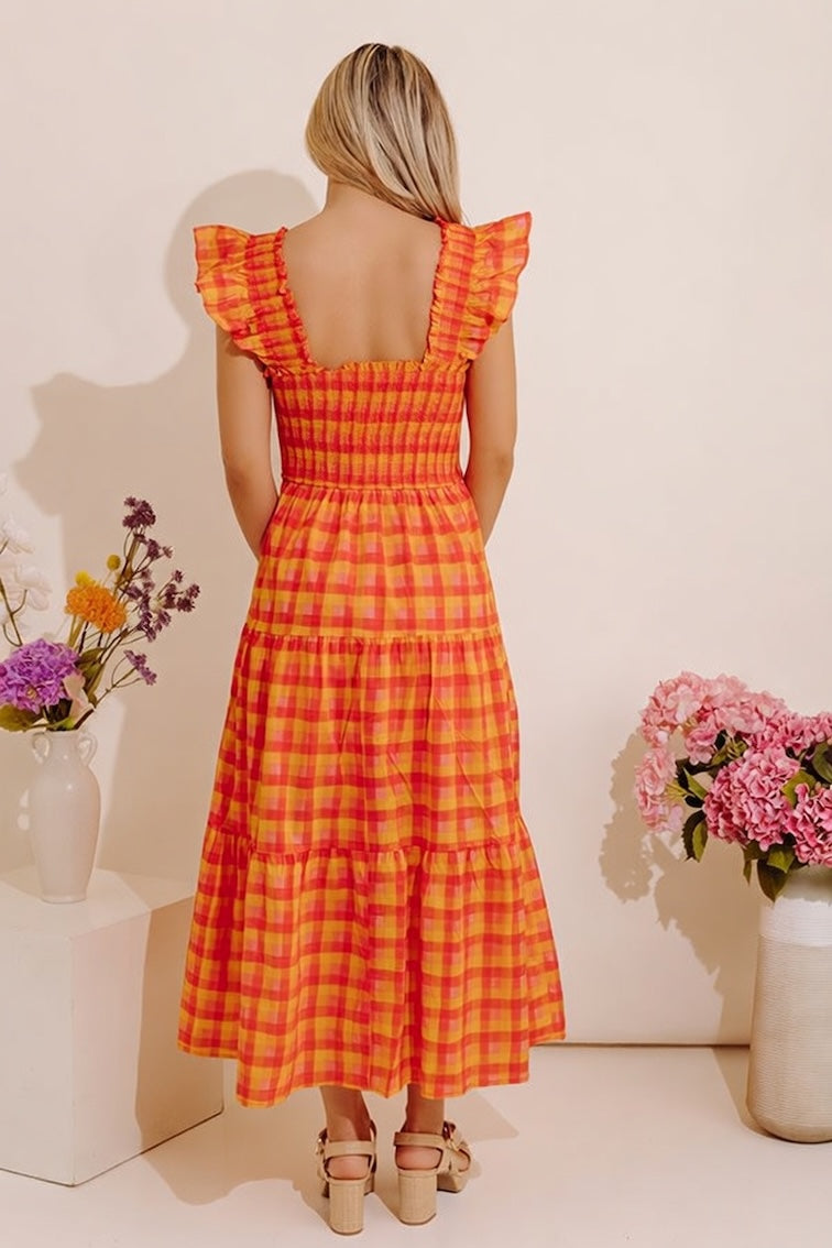 orange gingham midi dress Sunburst Chic Gingham Midi Dress M / Orange