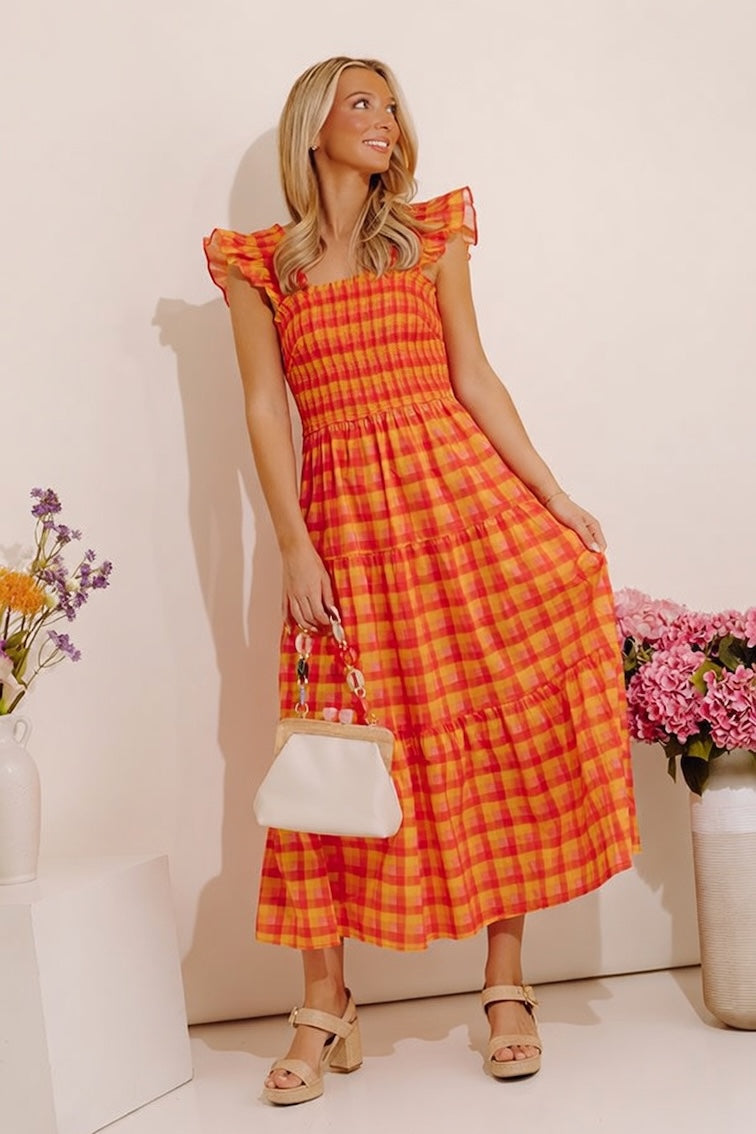 Sunburst Chic Gingham Midi Dress Image - 1