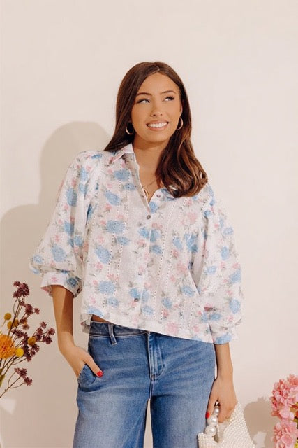 Petal Perfection Floral Eyelet Button Up Top Image - 2