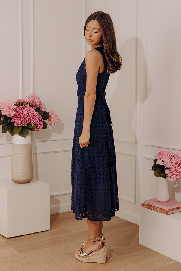 Romantic Muse Eyelet Midi Dress in Navy Image - 3
