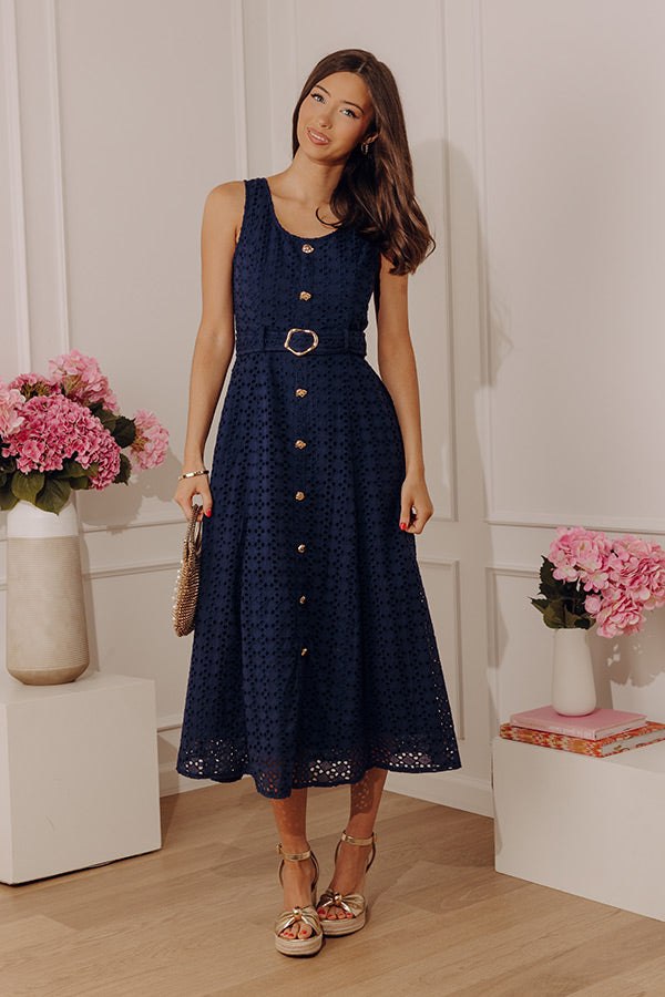 Romantic Muse Eyelet Midi Dress in Navy Image - 4