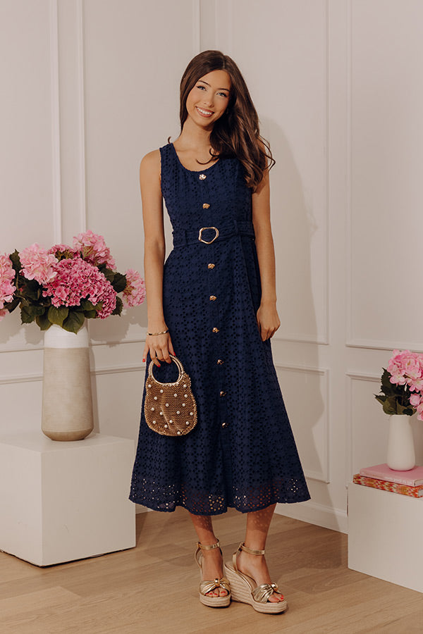 Romantic Muse Eyelet Midi Dress in Navy Image - 1