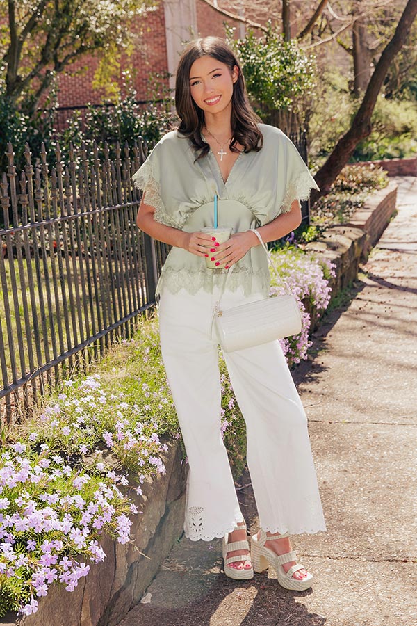 Sleek And Chic Lace Trim Satin Top in Sage Image - 2