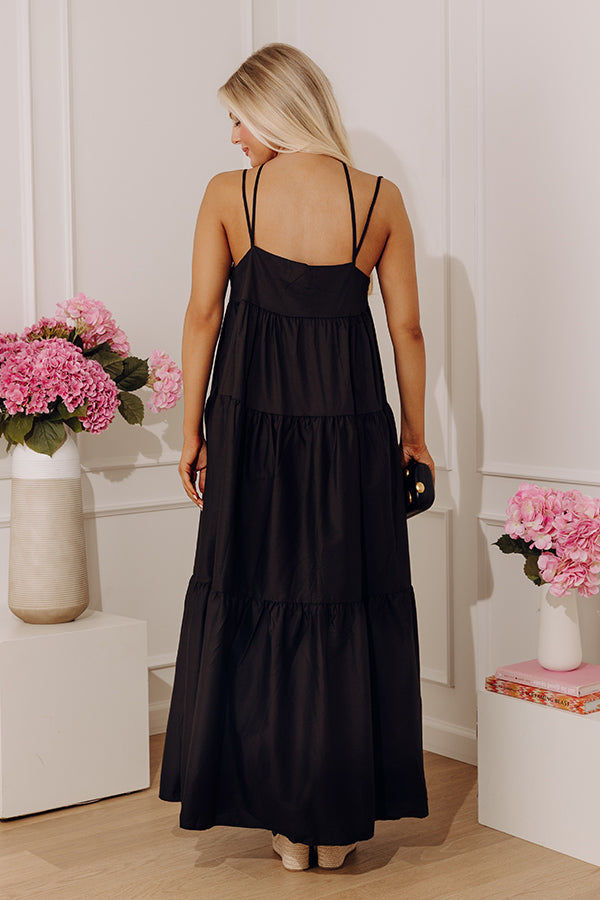 black long tiered dress Black Cotton Maxi Dress, Tiered Design, Puff Sleeves, Fall Clothing