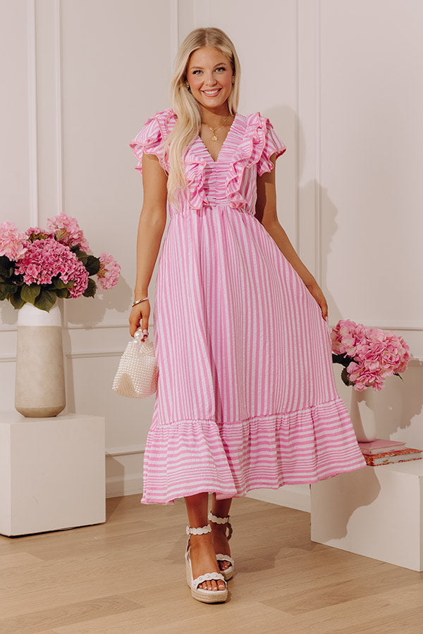 Stripe Affair Ruffle Midi Dress in Pink