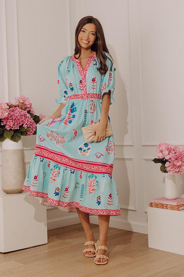 Seaside Garden Floral Midi Dress M / aqua