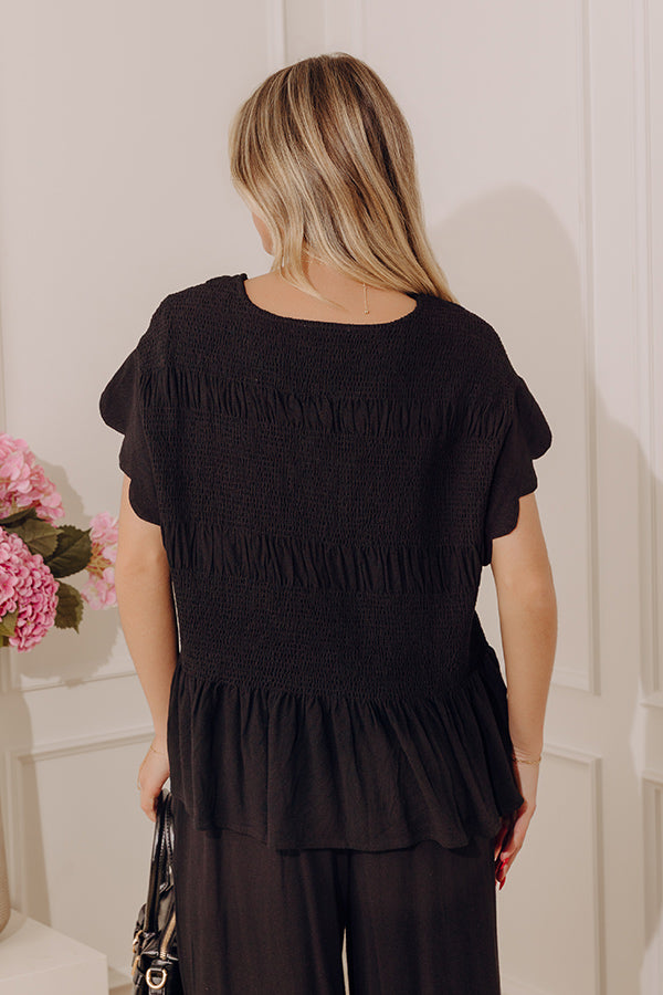 Seaside Bistro Linen-Blend Smocked Top in Black Image - 3