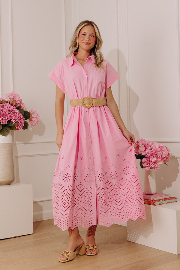 Classic Moment Eyelet Midi Dress in Pink
