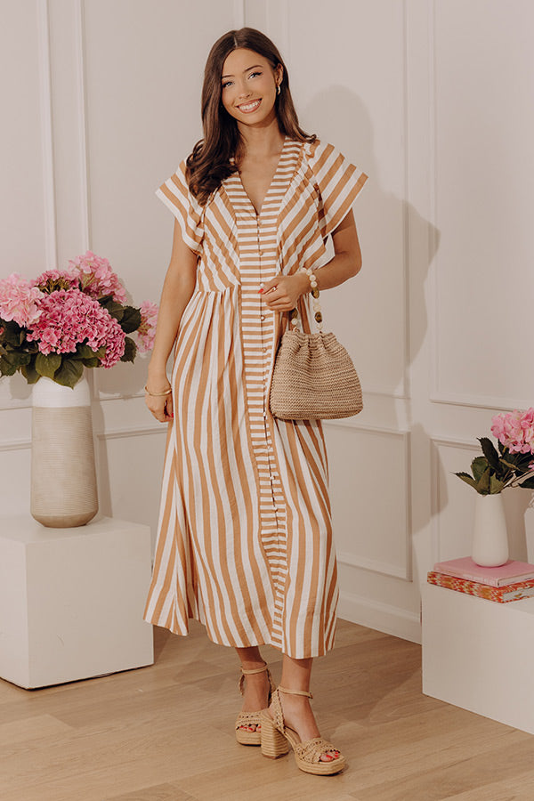 Coastal Luxe Stripe Midi Dress in Camel Image - 5