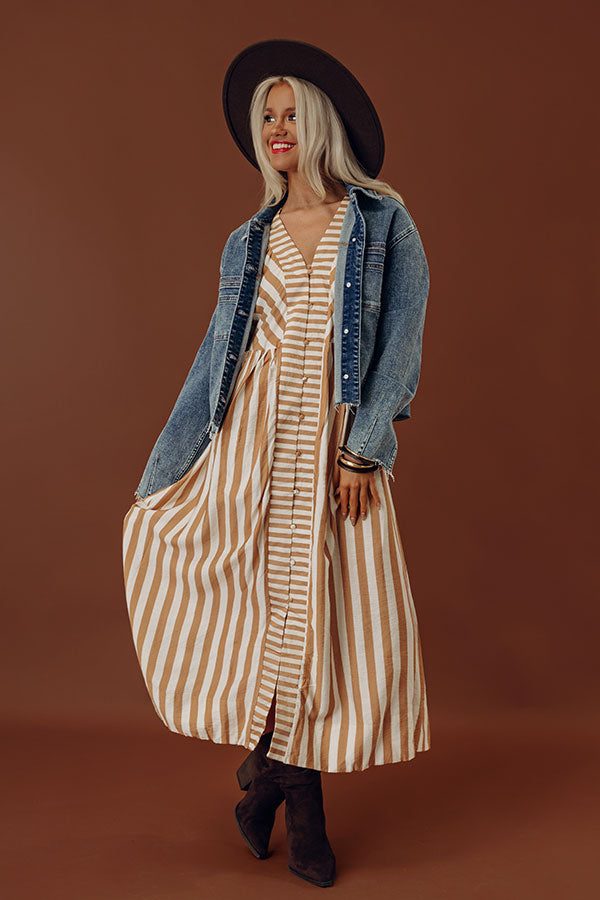 Coastal Luxe Stripe Midi Dress in Camel