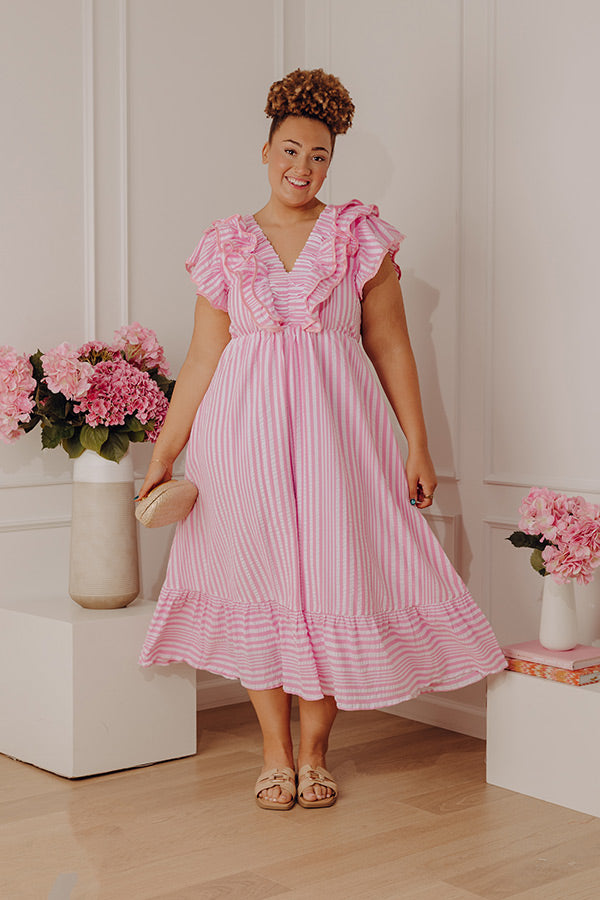 ruffle a-line midi dress in stripe poplin Stripe Affair Ruffle Midi Dress in Airy Blue Curves 2XL / Airy Blue
