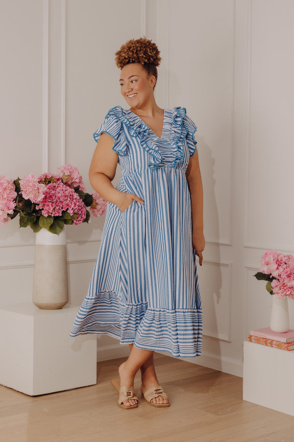 Stripe Affair Ruffle Midi Dress in Airy Blue Curves 2XL / Airy Blue
