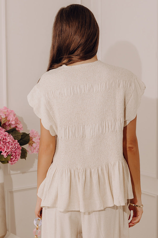 Seaside Bistro Linen-Blend Smocked Top in Oatmeal Image - 4
