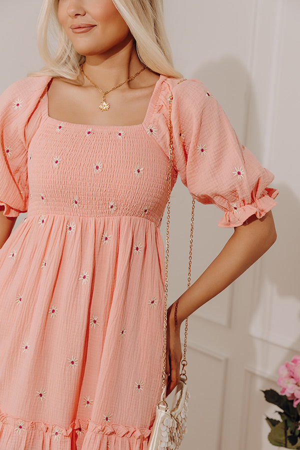 Vineyard Lounge Floral Embroidered Midi Dress in Peach Image - 4