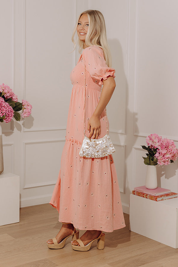 Vineyard Lounge Floral Embroidered Midi Dress in Peach Image - 2